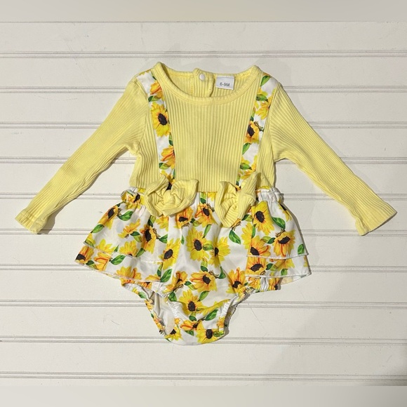 Baby Romper Size 6-9 Months Yellow Long Sleeve‎ Ribbed Floral Casual Party - Picture 1 of 3